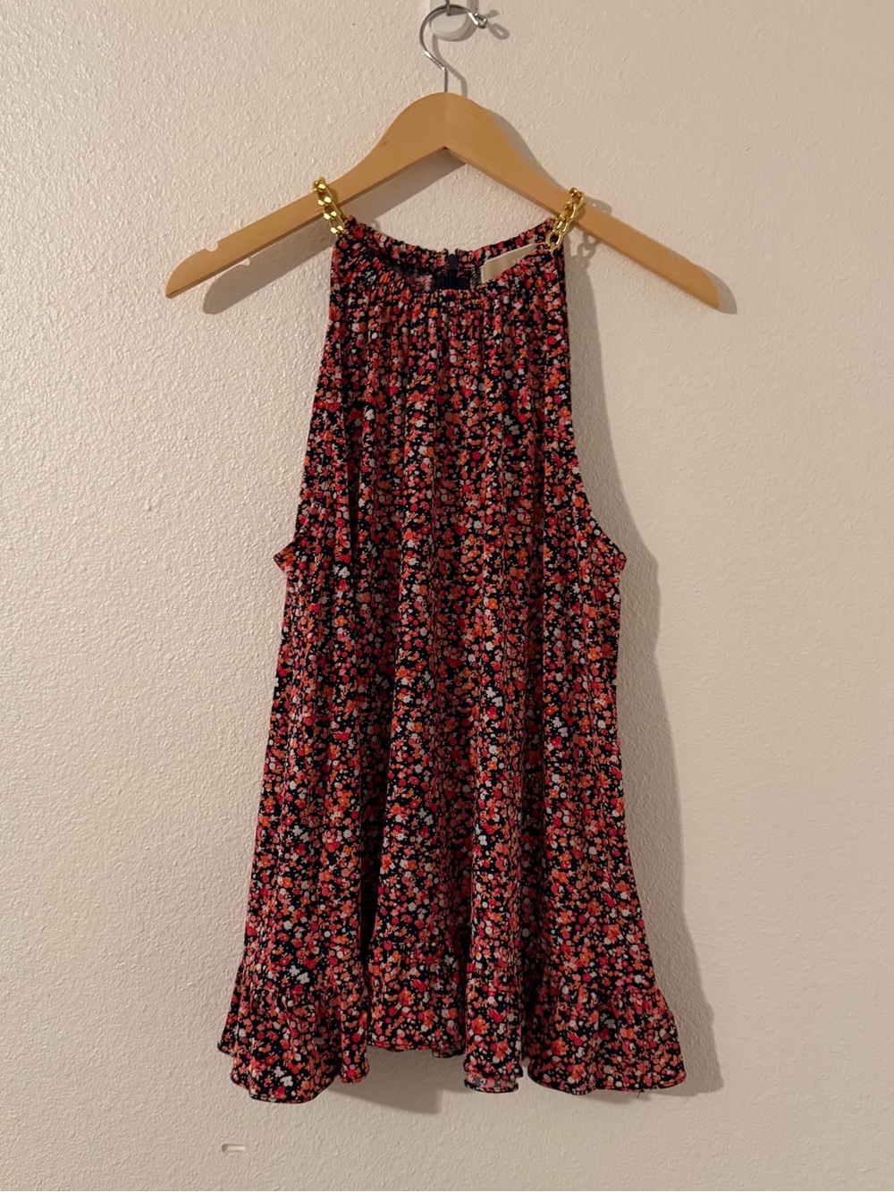 Michael Kors Gold Chain Halter Floral Blouse Top Ruffle Hem Pink Womens XL